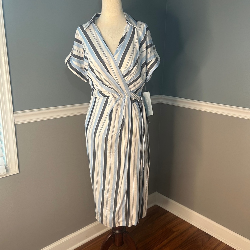 London Times Striped faux Wrap Dress Midi Casual Career Blue White Size 6